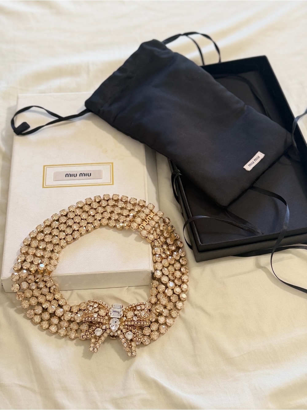 Authentic Miu Miu Necklace Statement Collar Collier Crystal Pearl Gold Plated